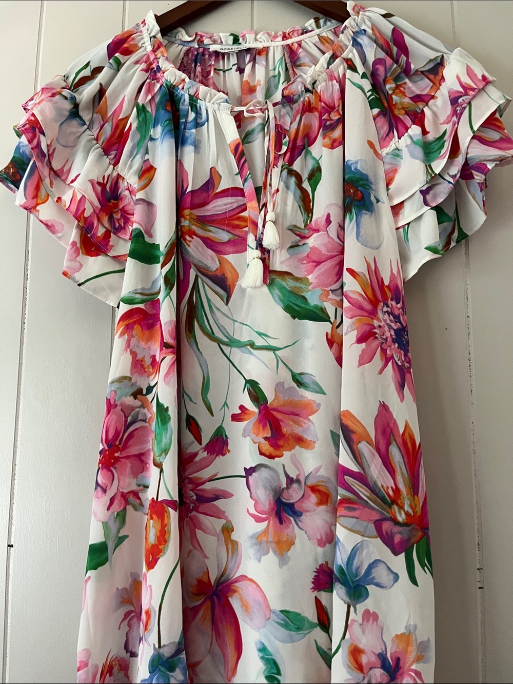 Floral Ruffled Off-Shoulder Women's Top - White/Multi - Picture 5 of 6